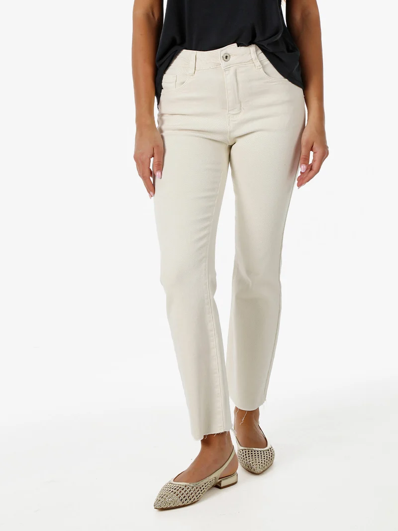 Jeans donna cropped con finale taglio laser - beige