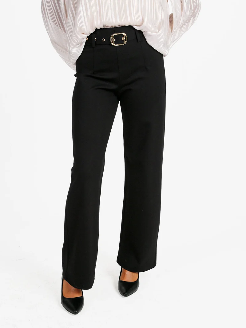 Pantaloni donna a vita alta con con cintura - nero