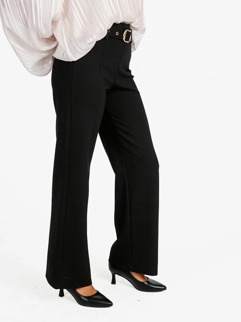 Pantaloni donna a vita alta con con cintura - nero