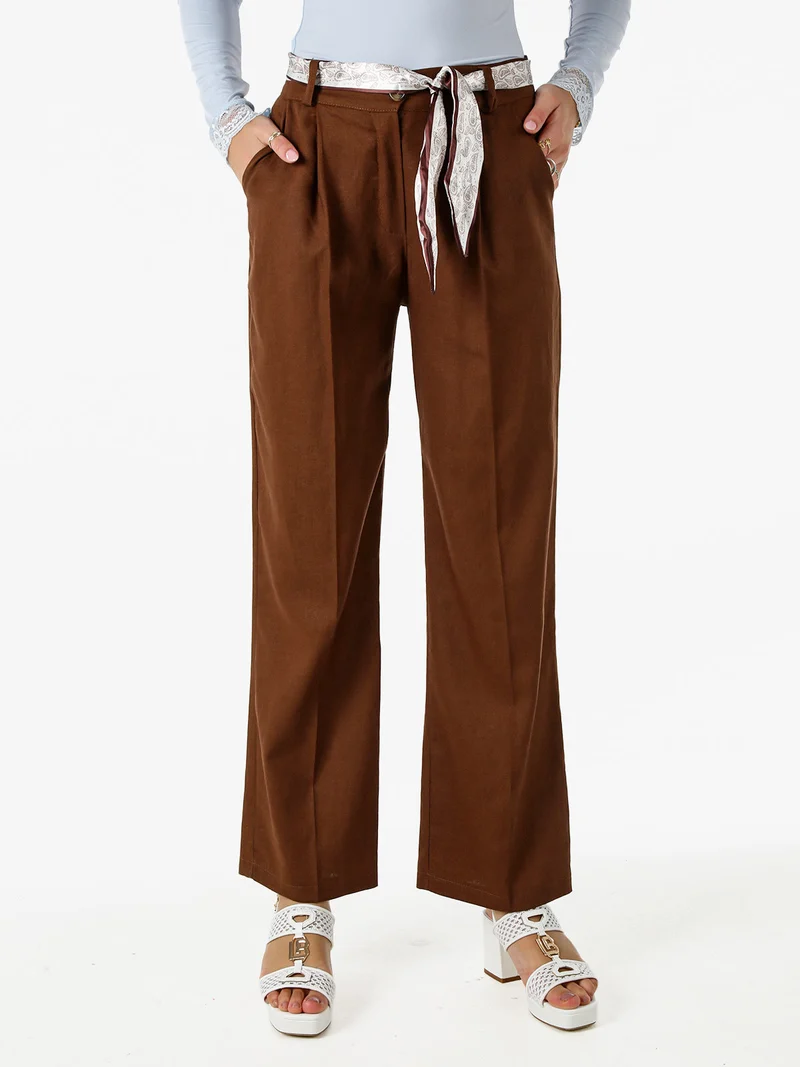 Pantaloni donna in misto lino a gamba dritta con cintura a foulard - marrone