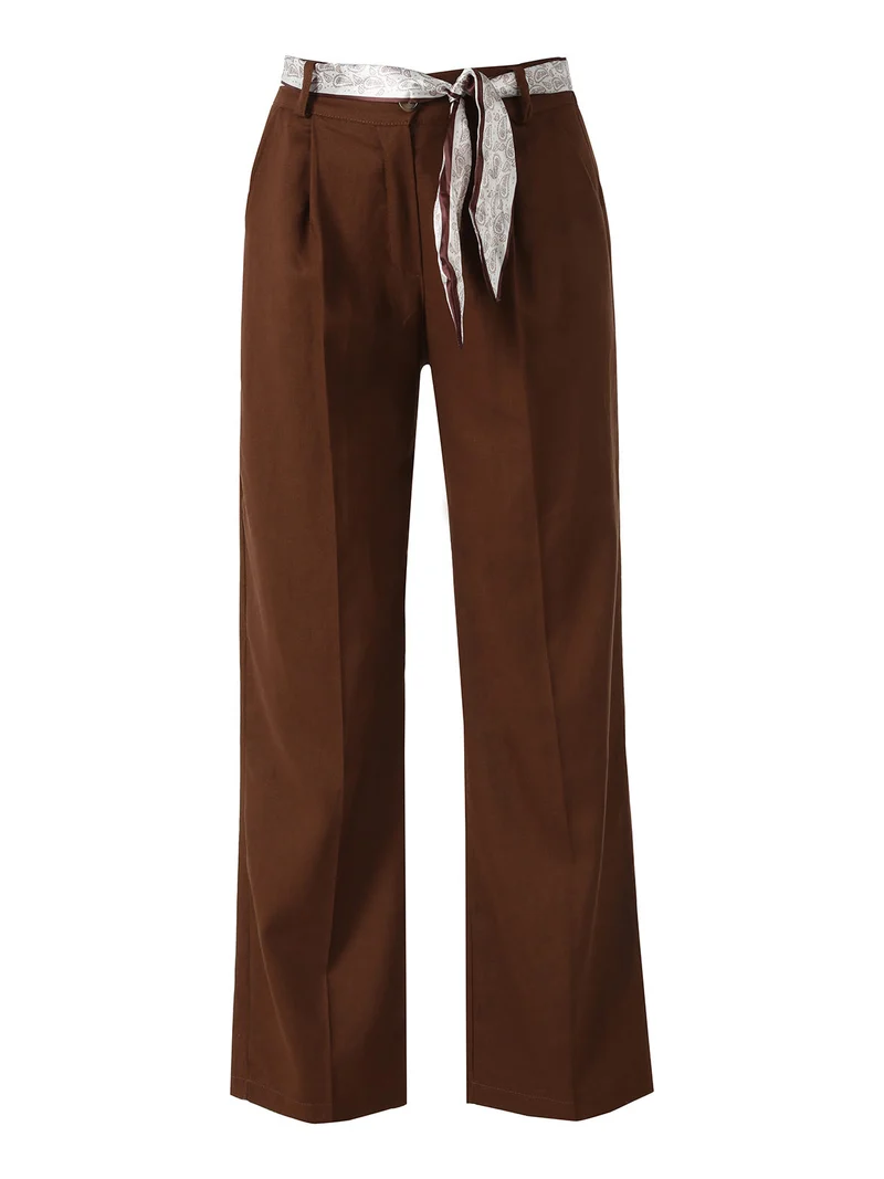 Pantaloni donna in misto lino a gamba dritta con cintura a foulard - marrone
