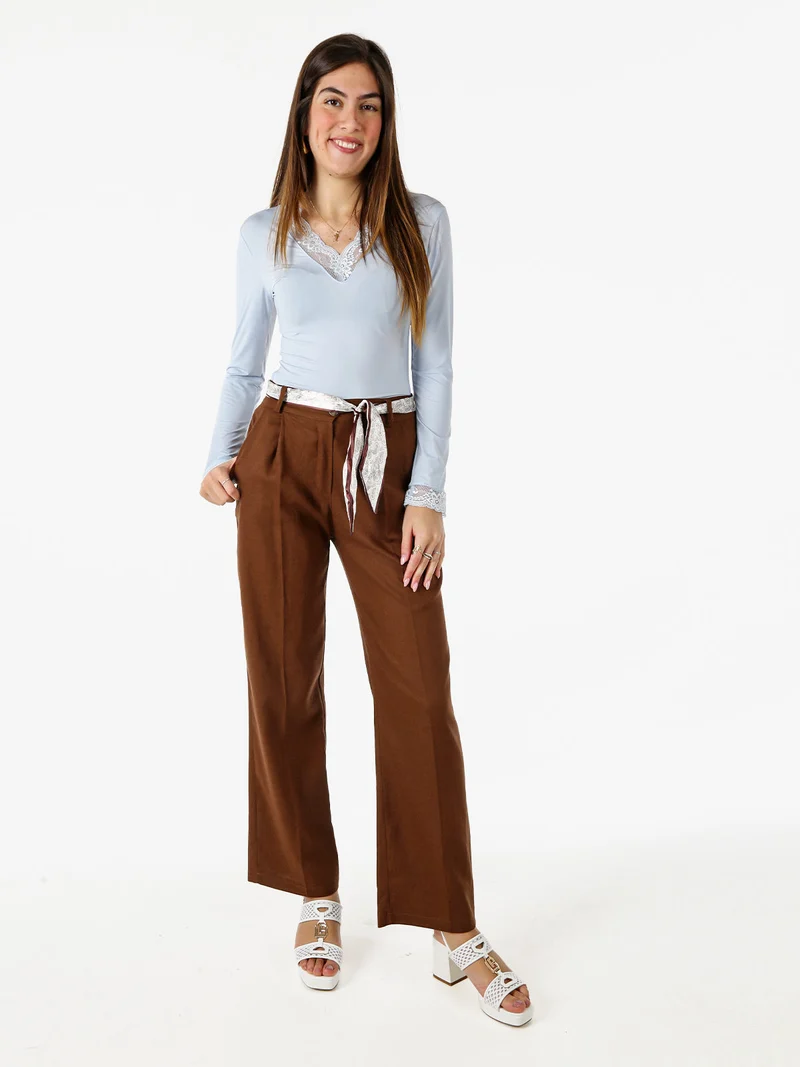 Pantaloni donna in misto lino a gamba dritta con cintura a foulard - marrone