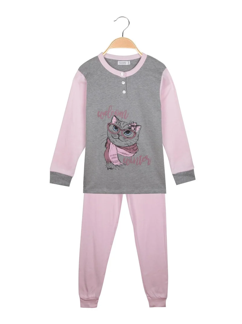 Pigiama lungo bambina con polsini - grigio