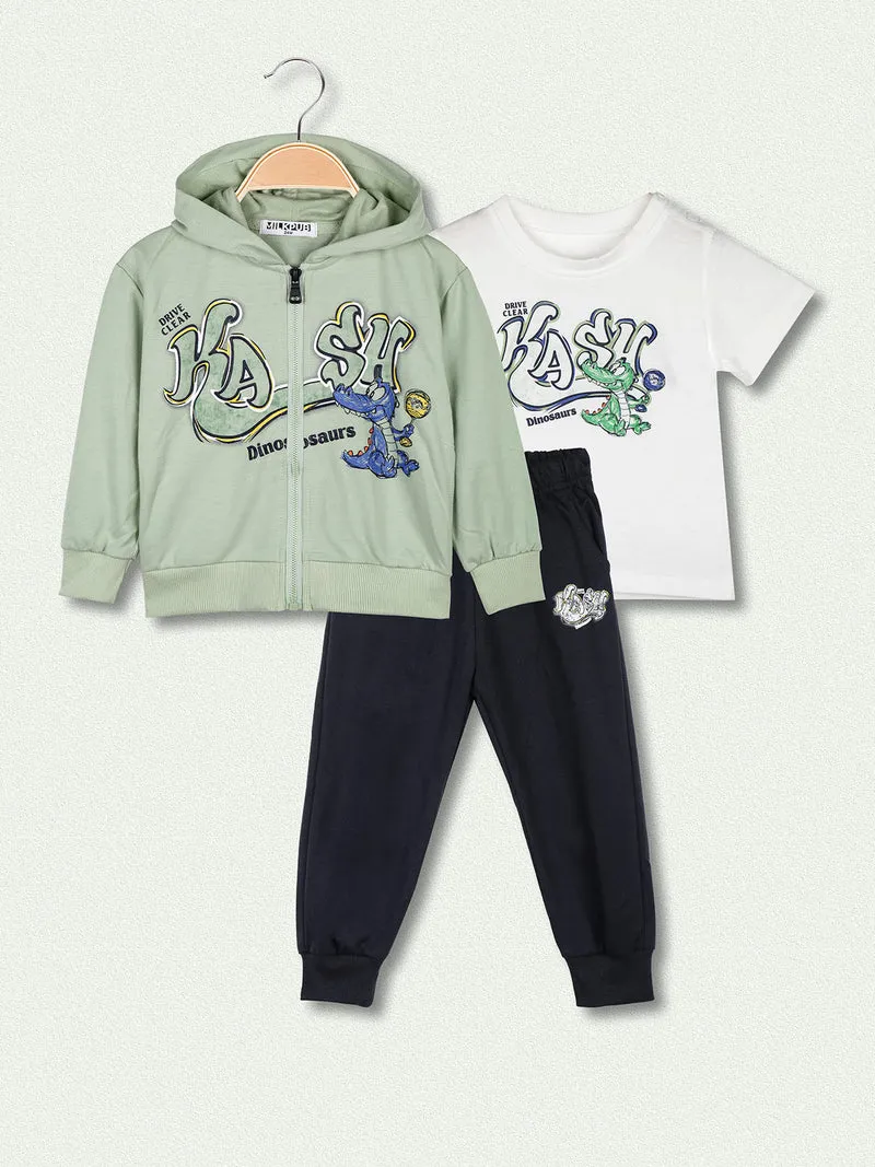 Completo tuta neonato 3 pezzi con cappuccio e zip - verde chiaro