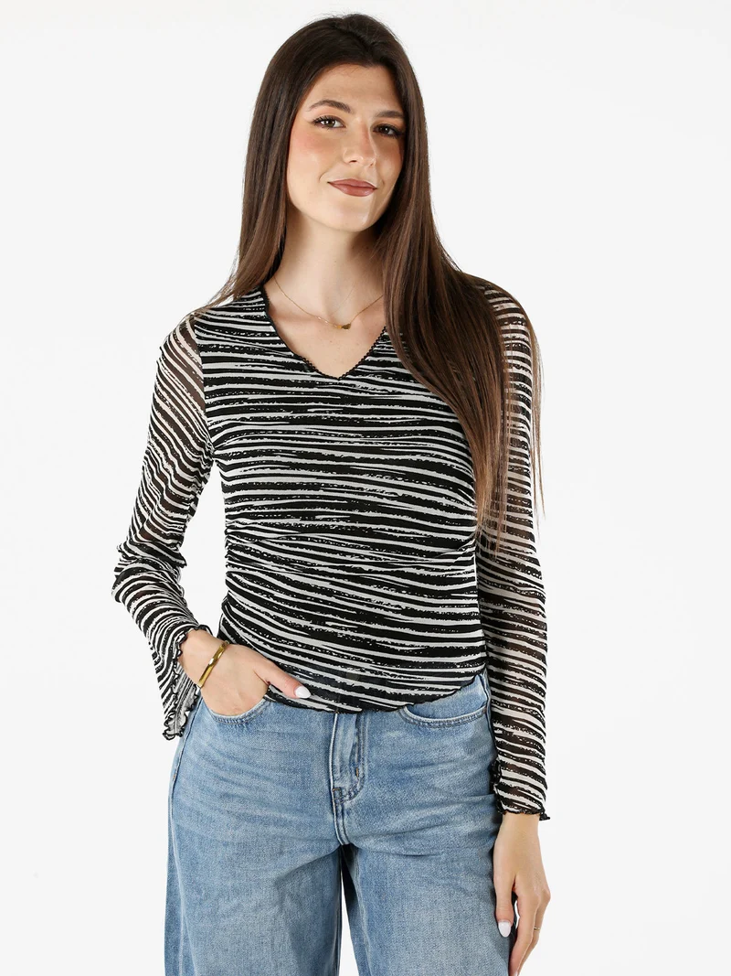 Top donna con scollo a V e maniche lunghe a campana - nero