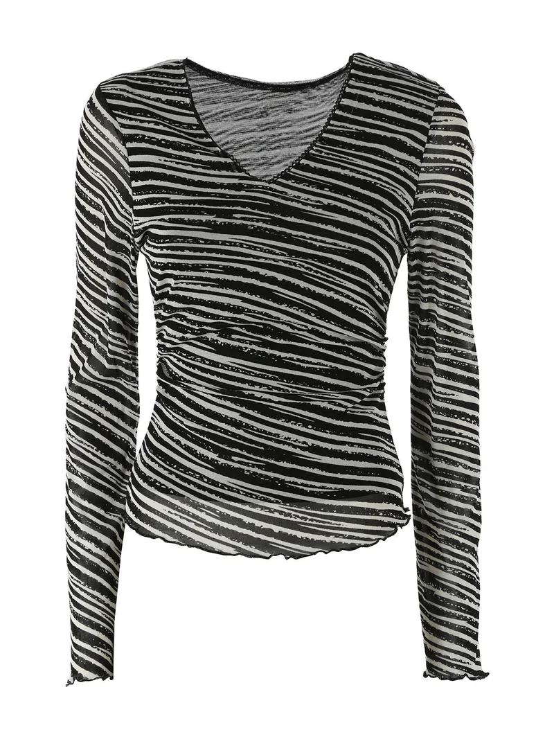 Top donna con scollo a V e maniche lunghe a campana - nero