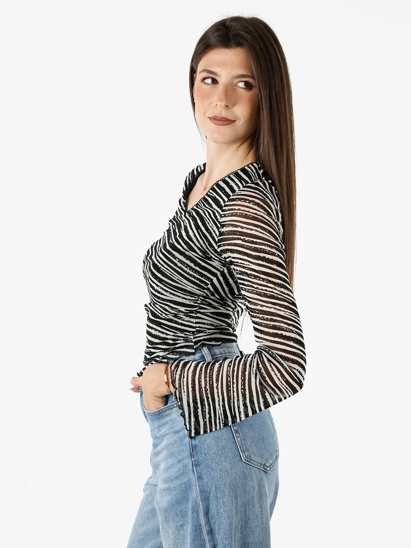 Top donna con scollo a V e maniche lunghe a campana - nero