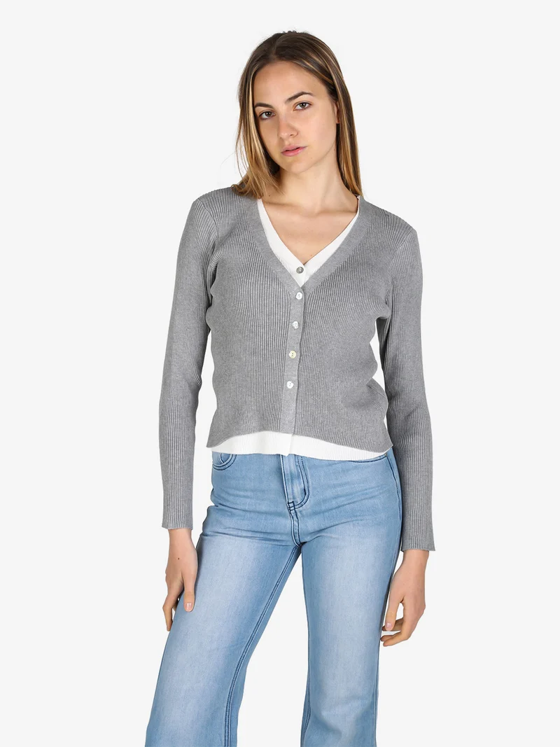 Cardigan donna in maglia a costine con bottoni - grigio