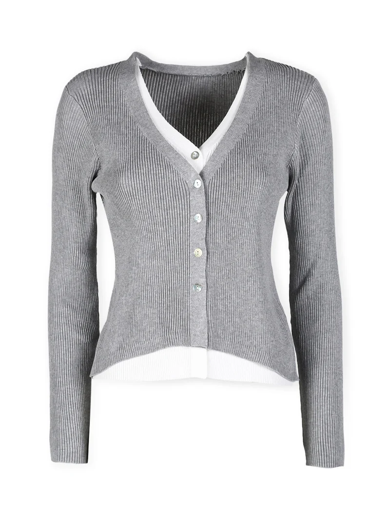 Cardigan donna in maglia a costine con bottoni - grigio