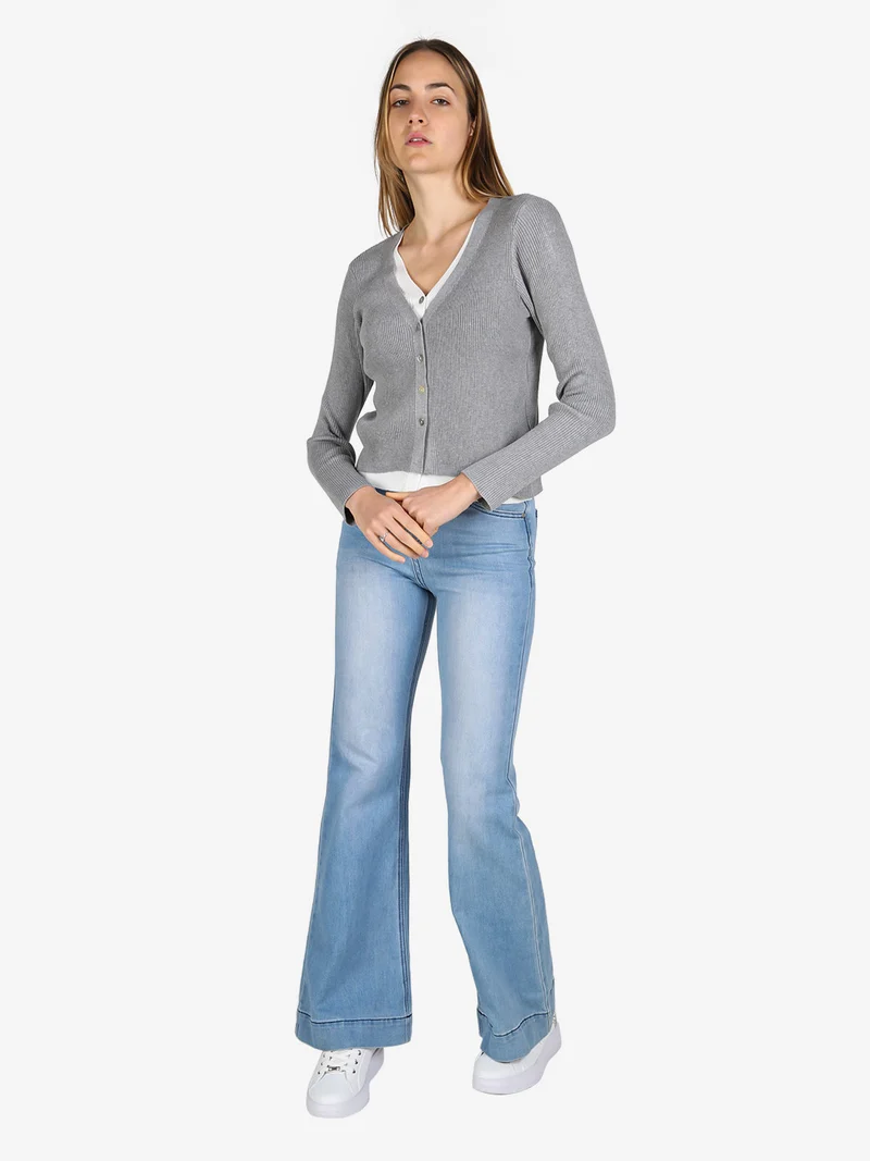 Cardigan donna in maglia a costine con bottoni - grigio