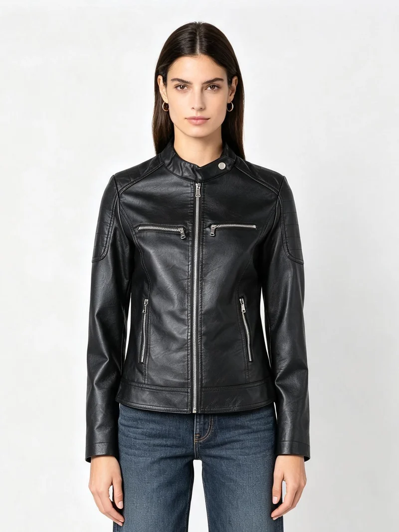 Giacca in ecopelle da donna con zip - nero