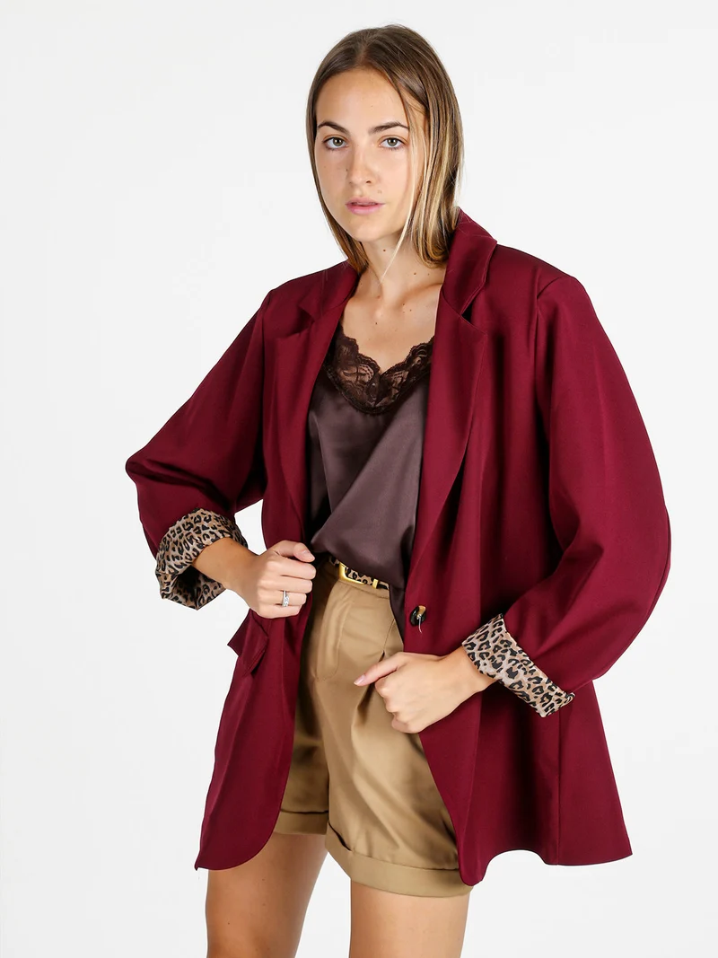 Blazer donna oversize con interno animalier - bordeaux