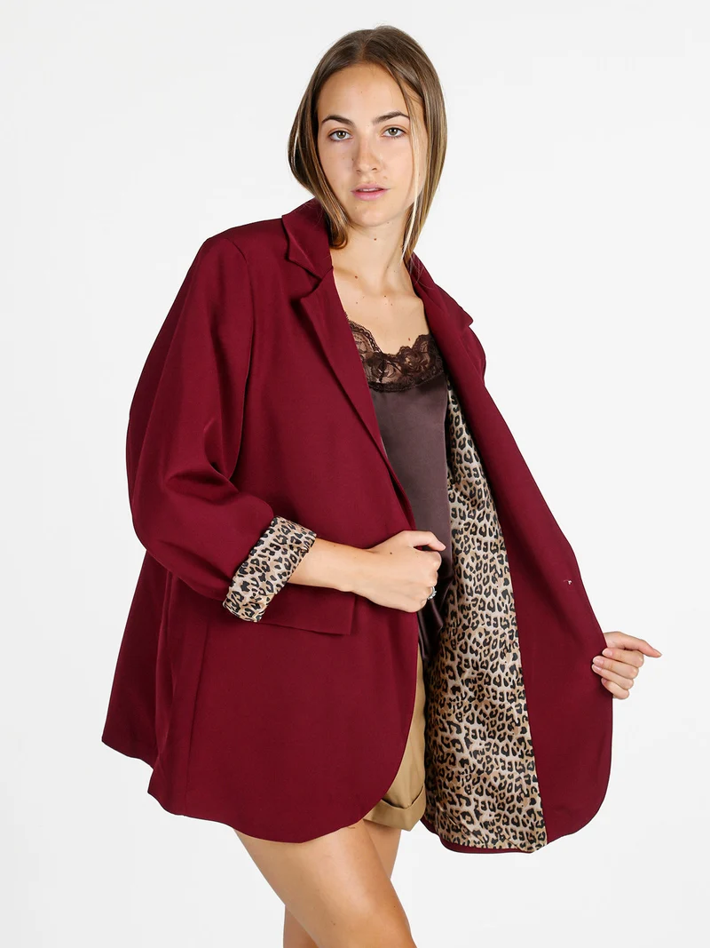 Blazer donna oversize con interno animalier - bordeaux