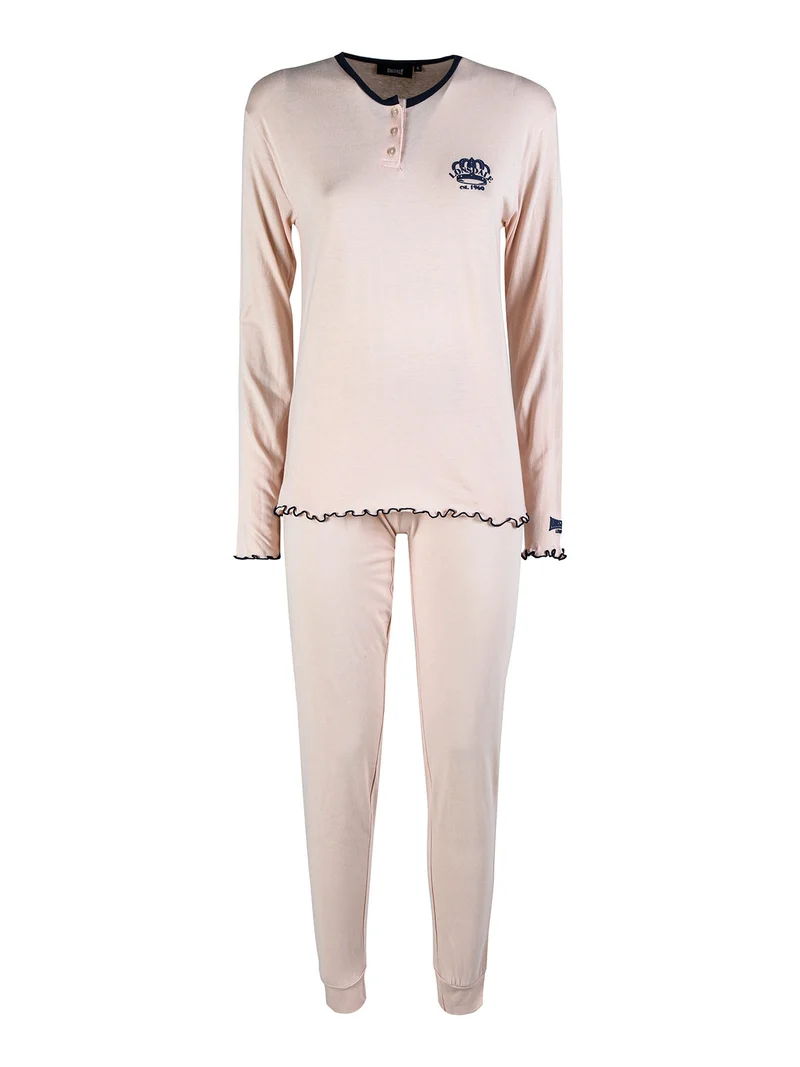 Pigiama lungo da donna in cotone con volant - rosa