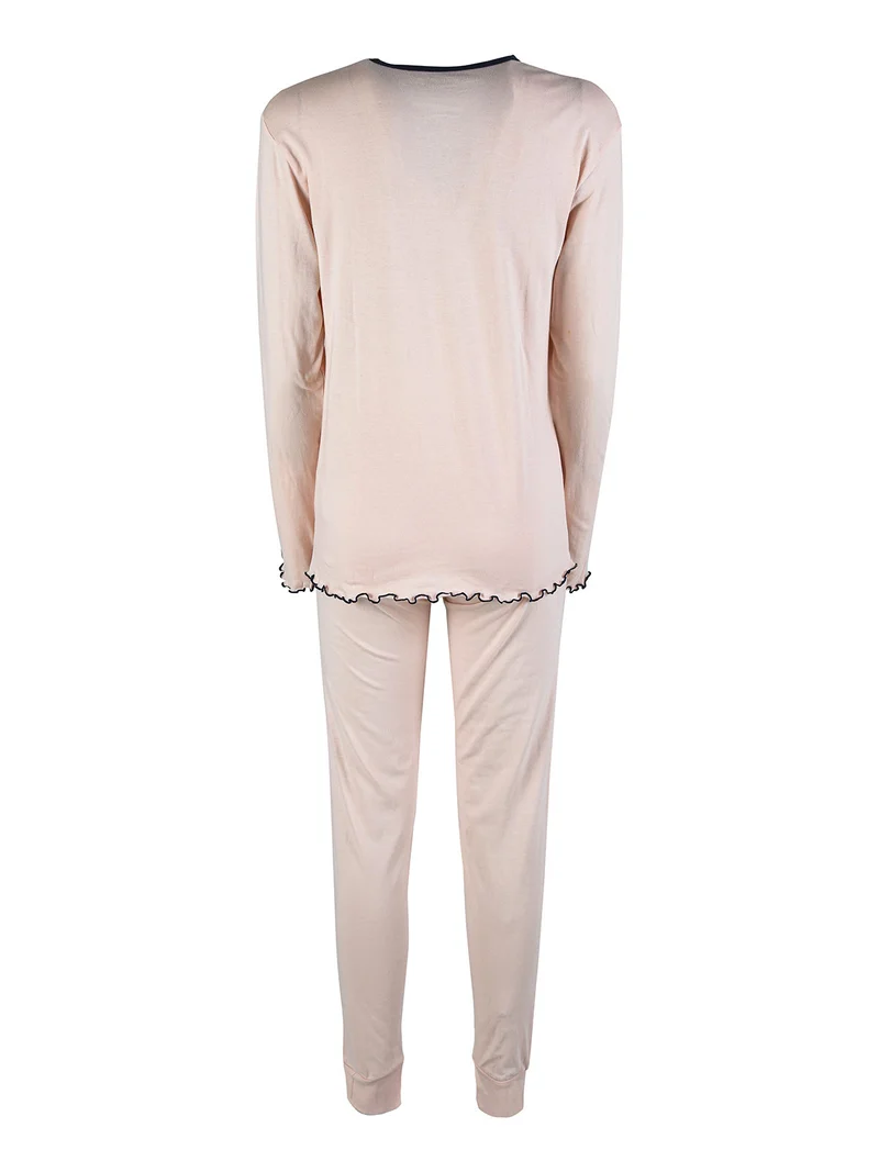 Pigiama lungo da donna in cotone con volant - rosa