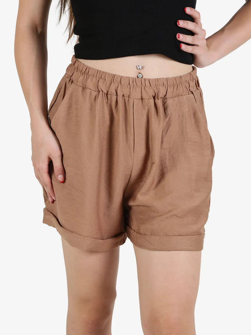 Shorts donna con risvolto - cammello