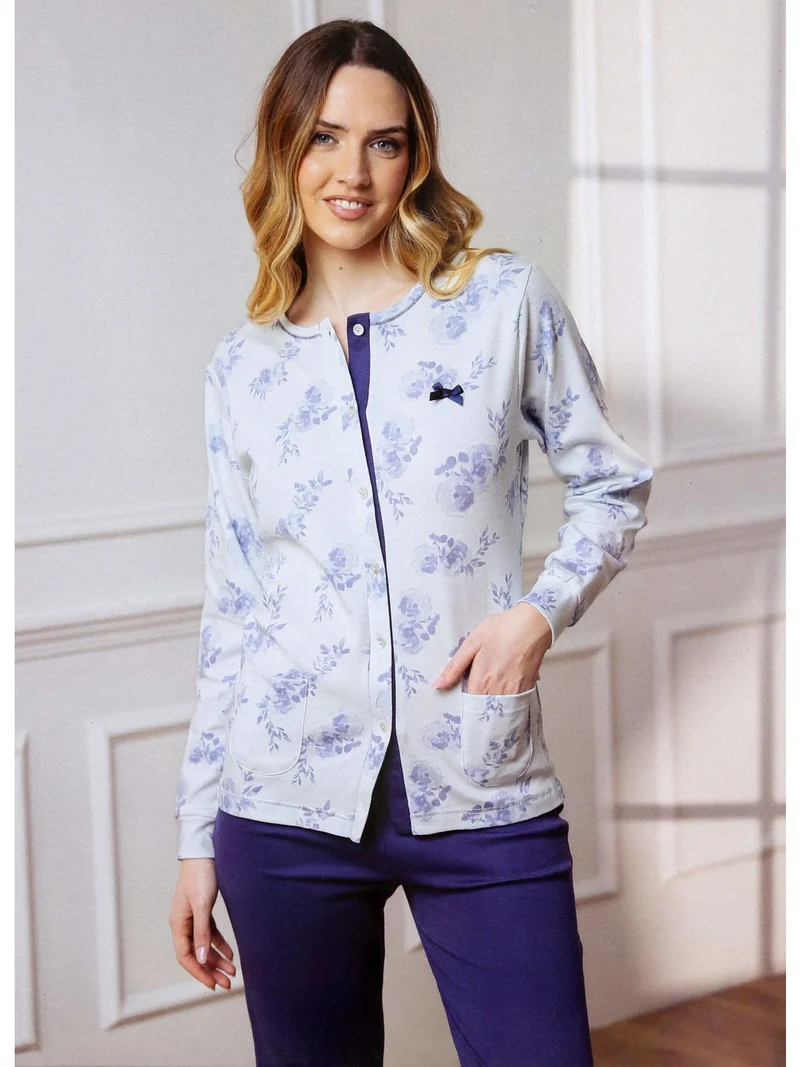 Pigiama donna aperto in cotone interlock - blu