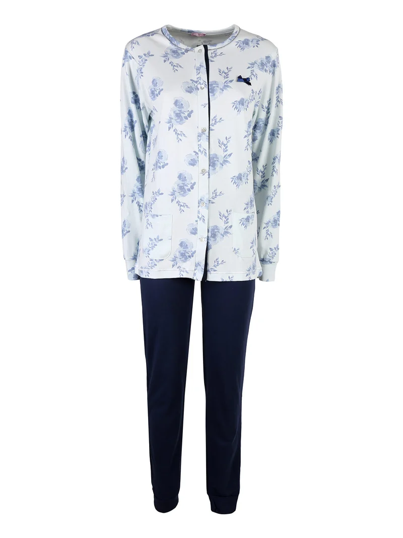 Pigiama donna aperto in cotone interlock - blu