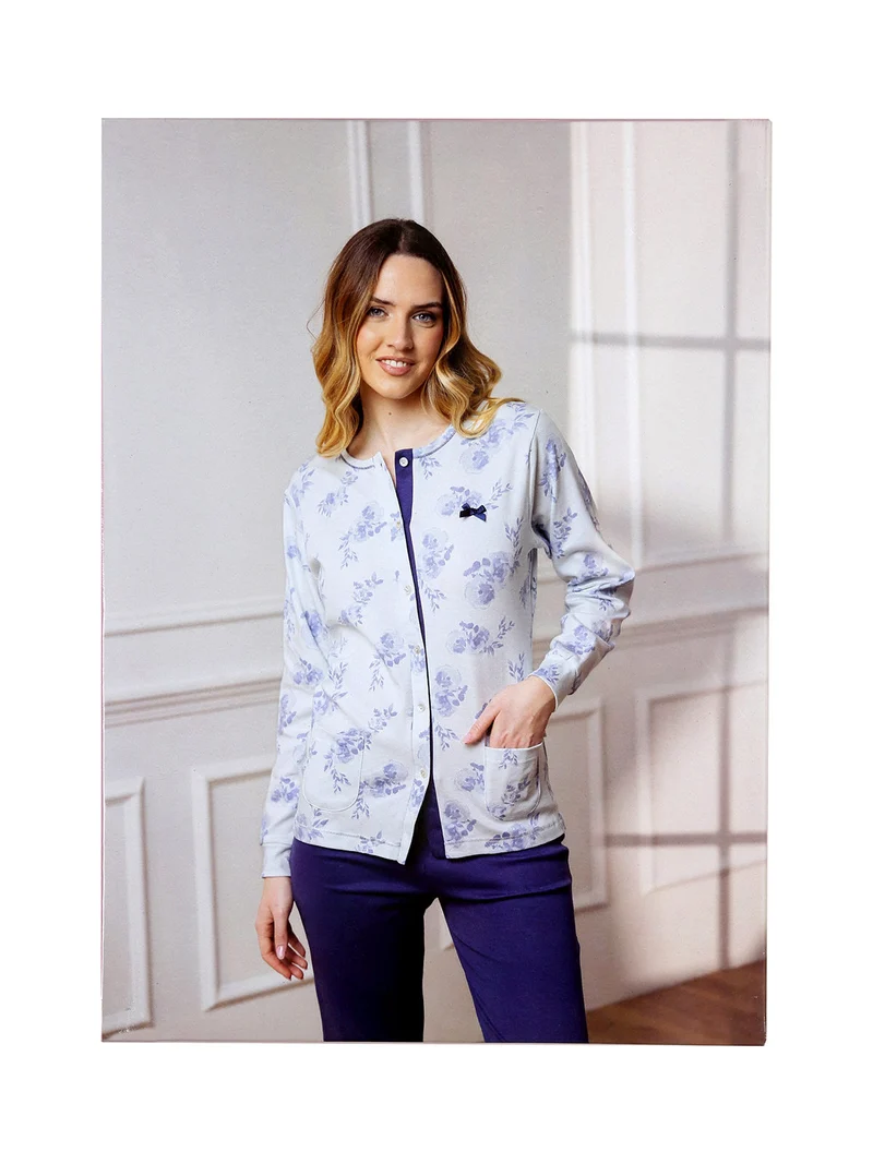 Pigiama donna aperto in cotone interlock - blu