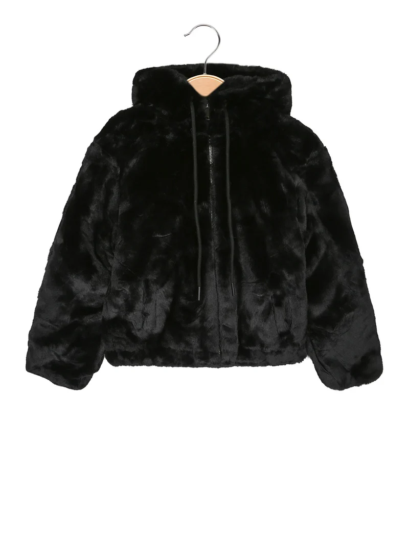 Giacca da bambina con cappuccio in ecopelliccia - nero
