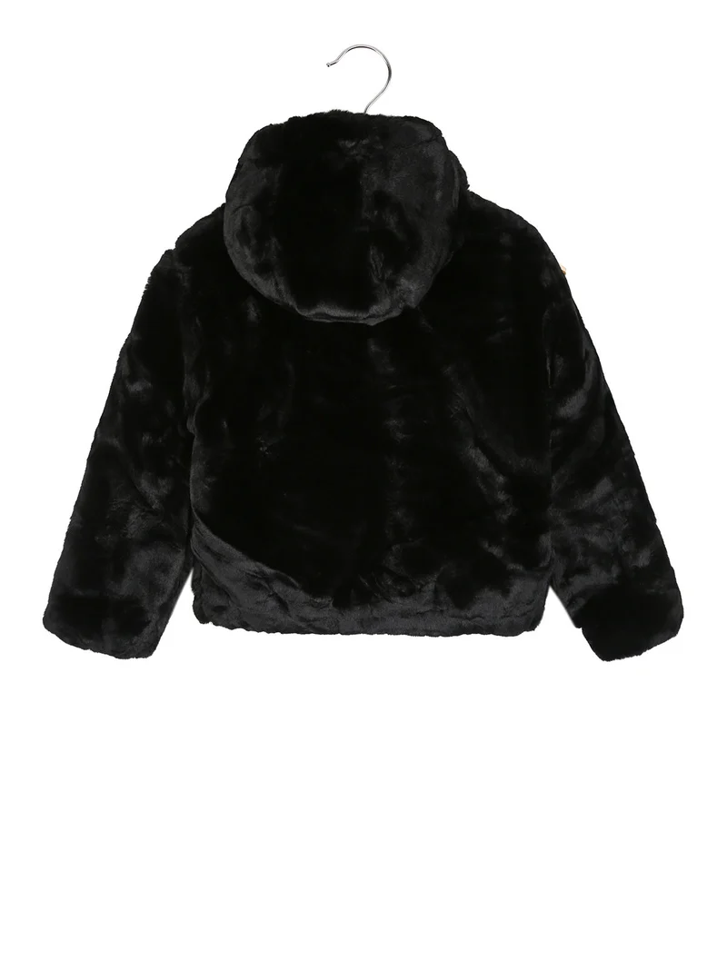 Giacca da bambina con cappuccio in ecopelliccia - nero