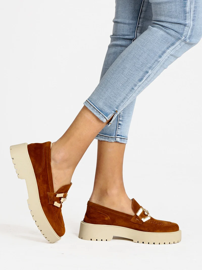 Mocassini in pelle donna con platform - cuoio