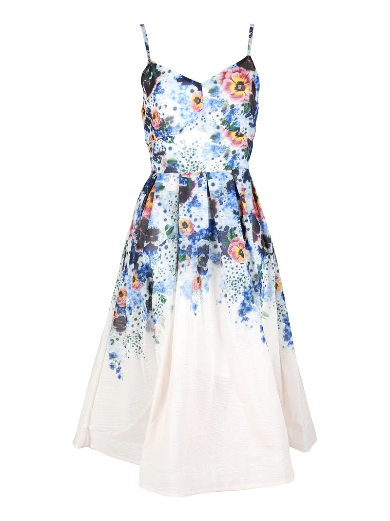 Vestito da donna svasato con stampa floreale e spalline sottili - multicolore