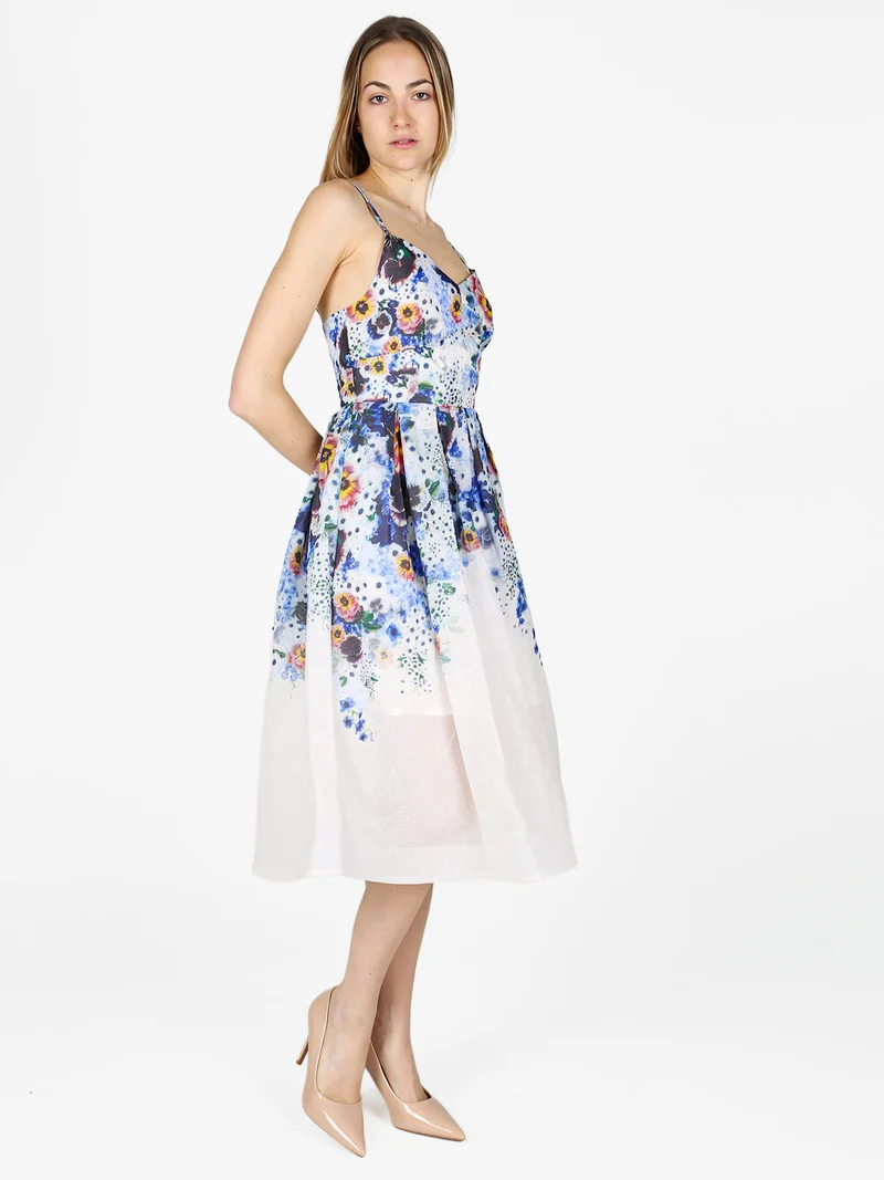 Vestito da donna svasato con stampa floreale e spalline sottili - multicolore