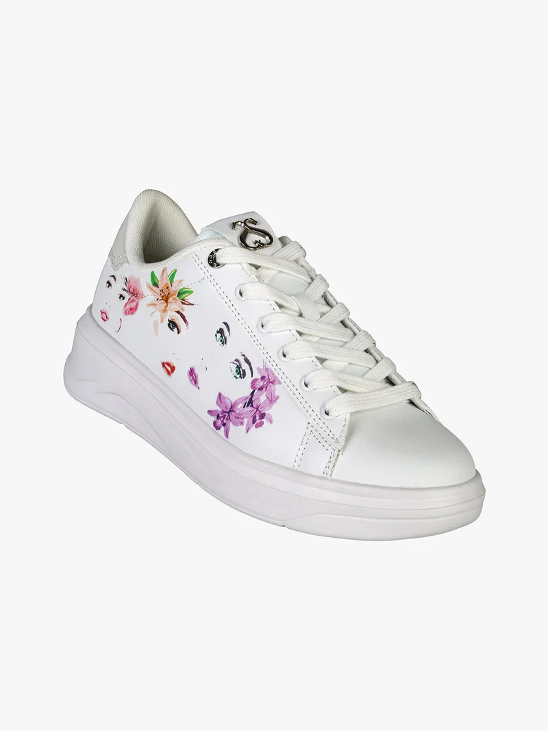 Sneakers donna con stampa floreale e suola alta - bianco