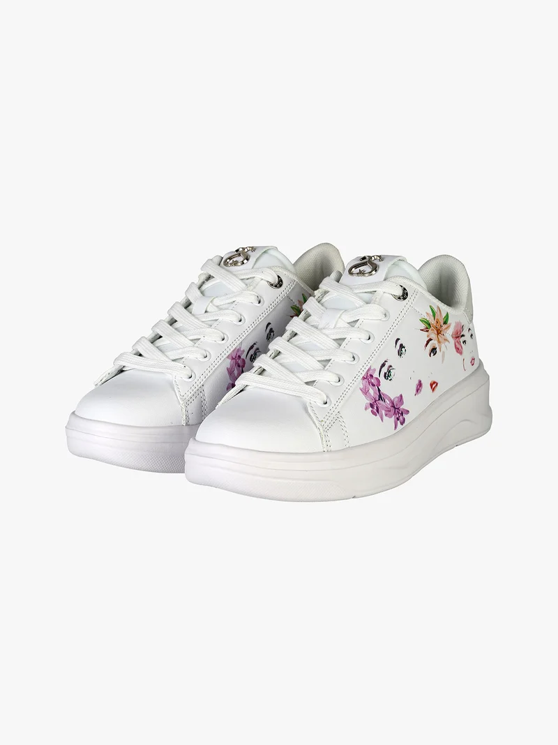 Sneakers donna con stampa floreale e suola alta - bianco