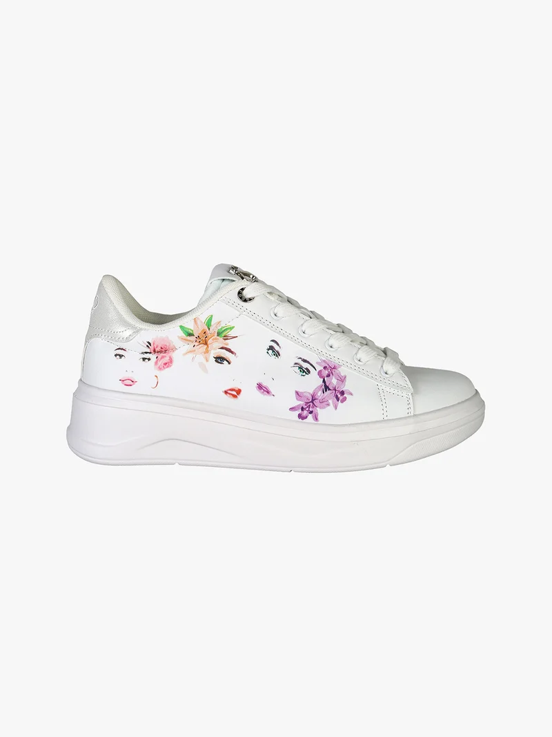 Sneakers donna con stampa floreale e suola alta - bianco
