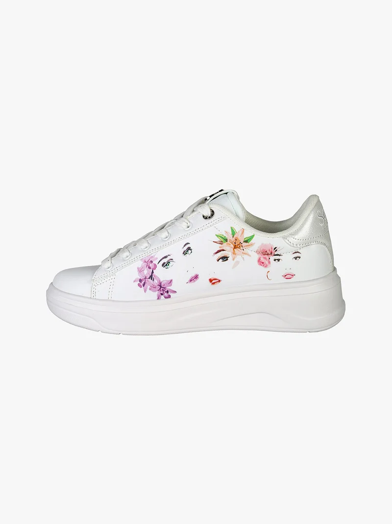 Sneakers donna con stampa floreale e suola alta - bianco