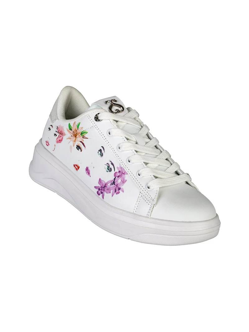 Sneakers donna con stampa floreale e suola alta - bianco