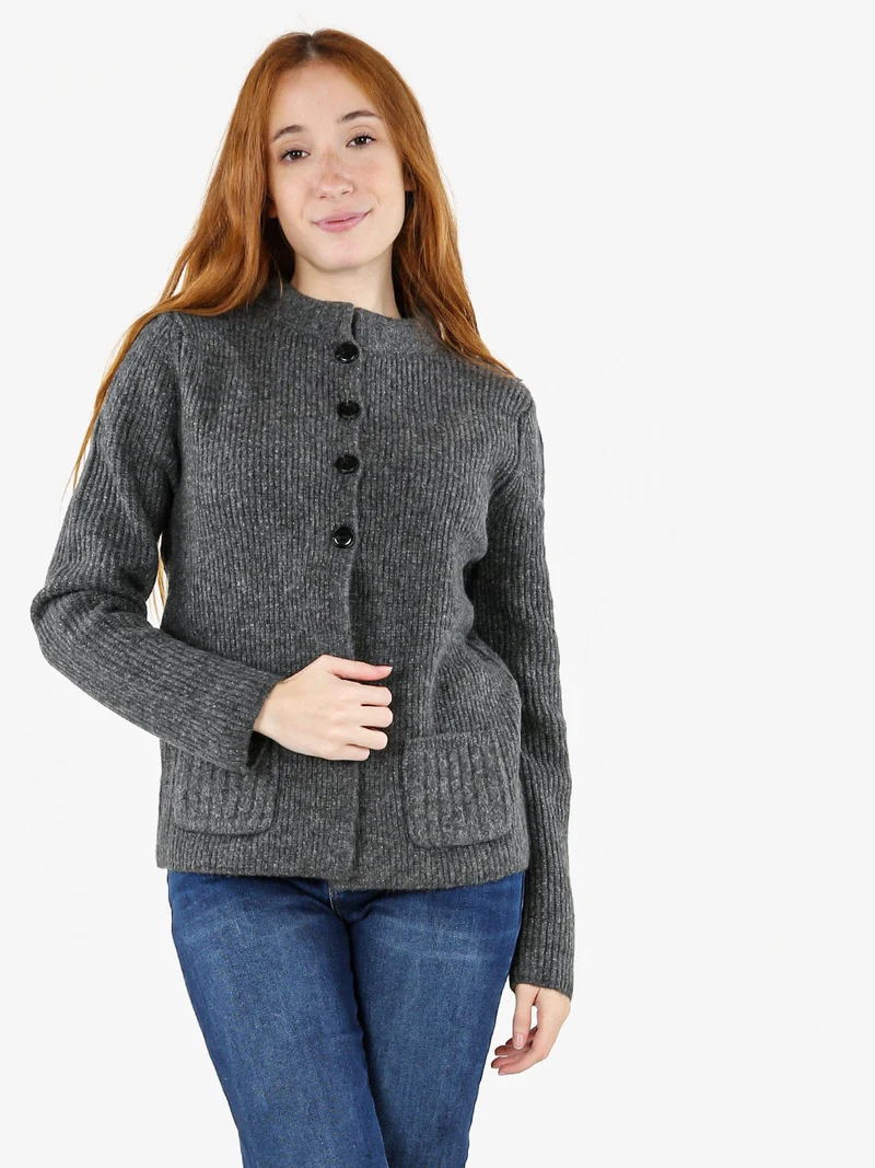 Cardigan donna in maglia con bottoni e taschini - grigio scuro