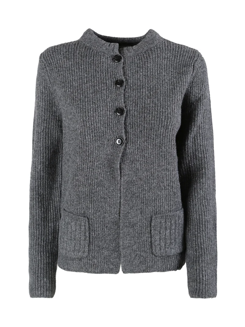 Cardigan donna in maglia con bottoni e taschini - grigio scuro