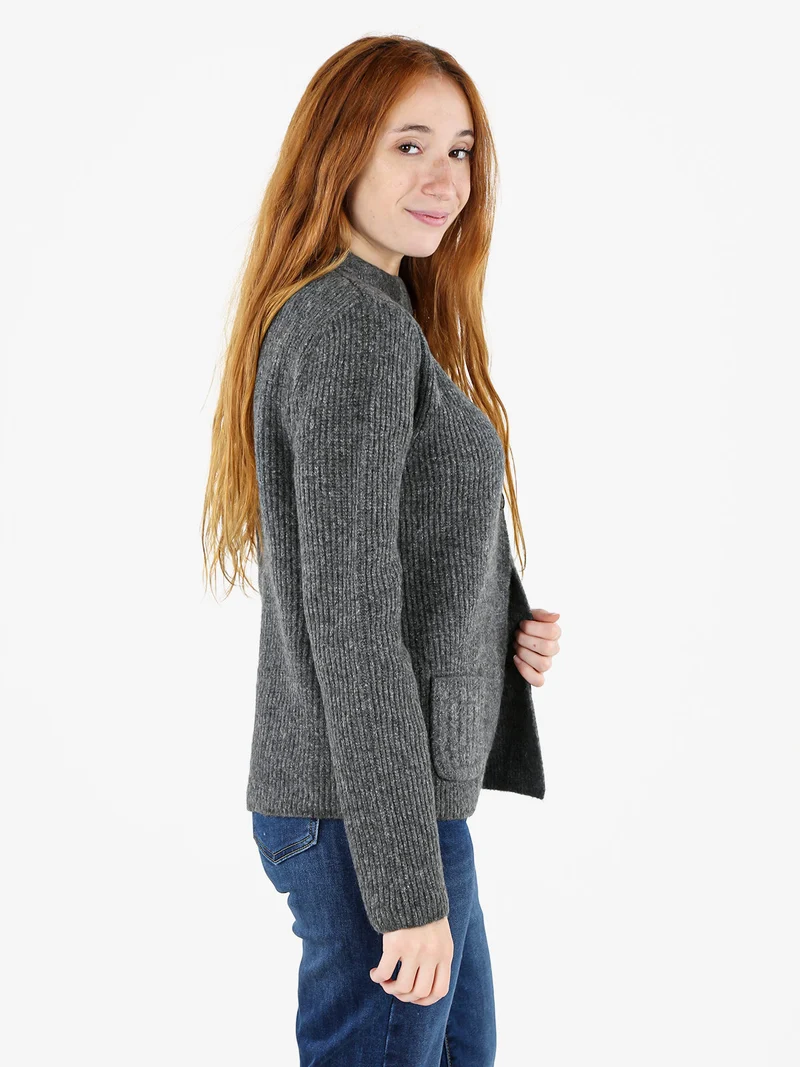Cardigan donna in maglia con bottoni e taschini - grigio scuro