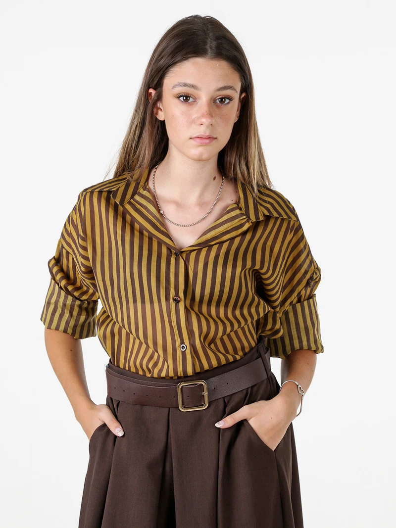 Camicia donna oversize in cotone con stampa a righe - senape
