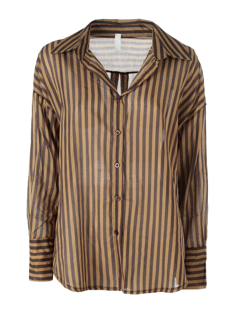 Camicia donna oversize in cotone con stampa a righe - senape