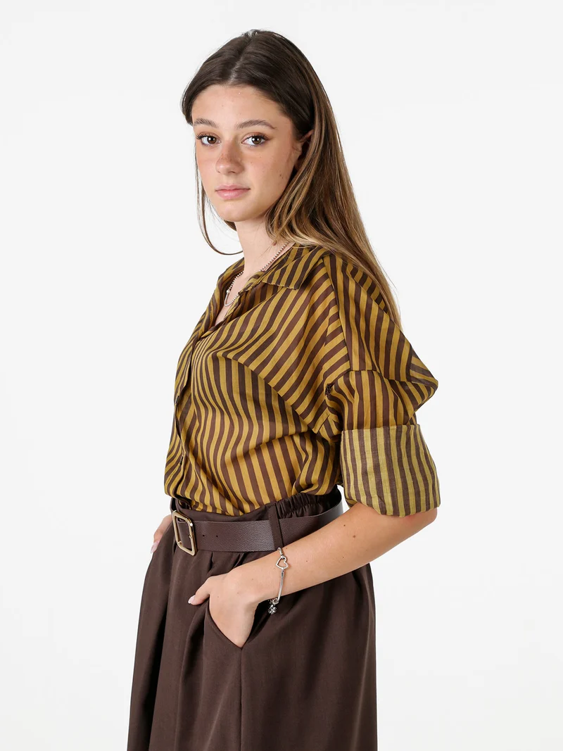 Camicia donna oversize in cotone con stampa a righe - senape