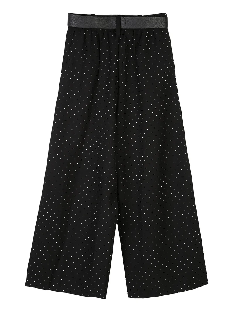 Pantaloni culotte da bambina con strass e cintura - nero