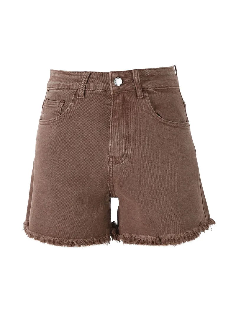 Shorts donna sfrangiati a vita alta - marrone
