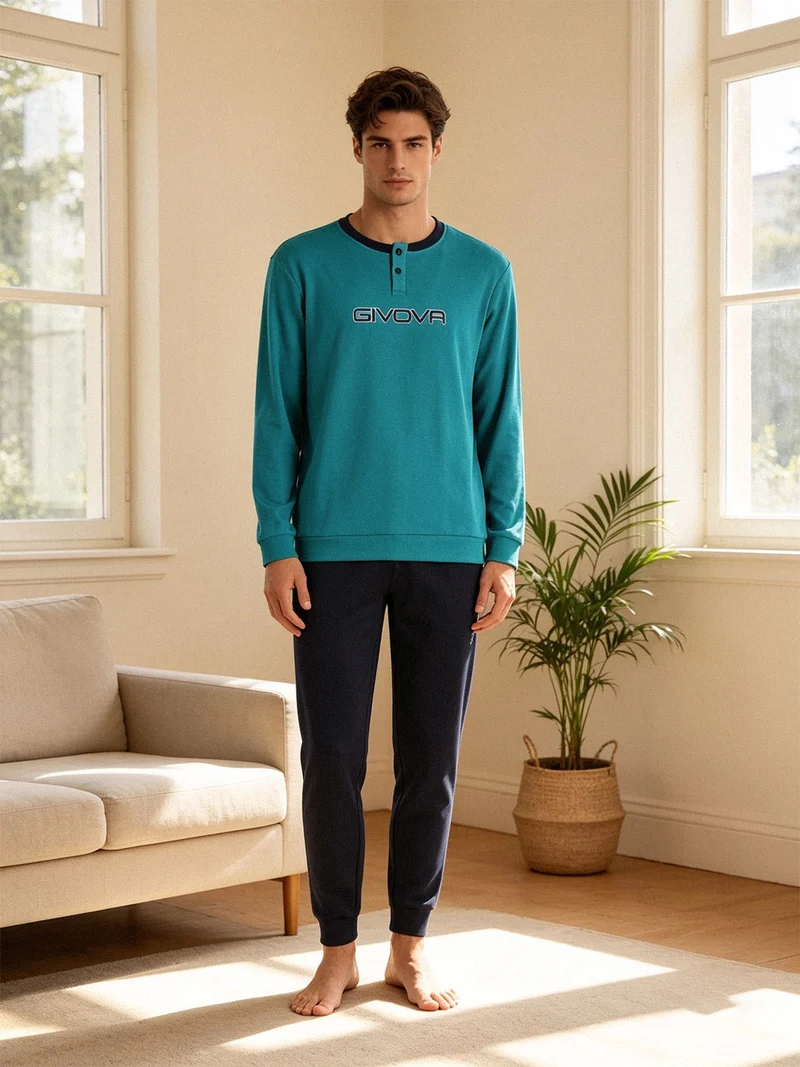 Pigiama lungo da uomo in misto cotone interlock - acqua marina