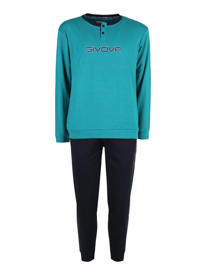 Pigiama lungo da uomo in misto cotone interlock - acqua marina