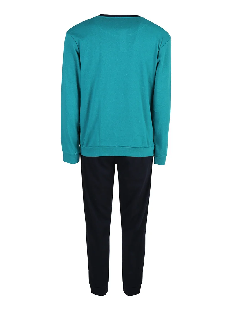 Pigiama lungo da uomo in misto cotone interlock - acqua marina