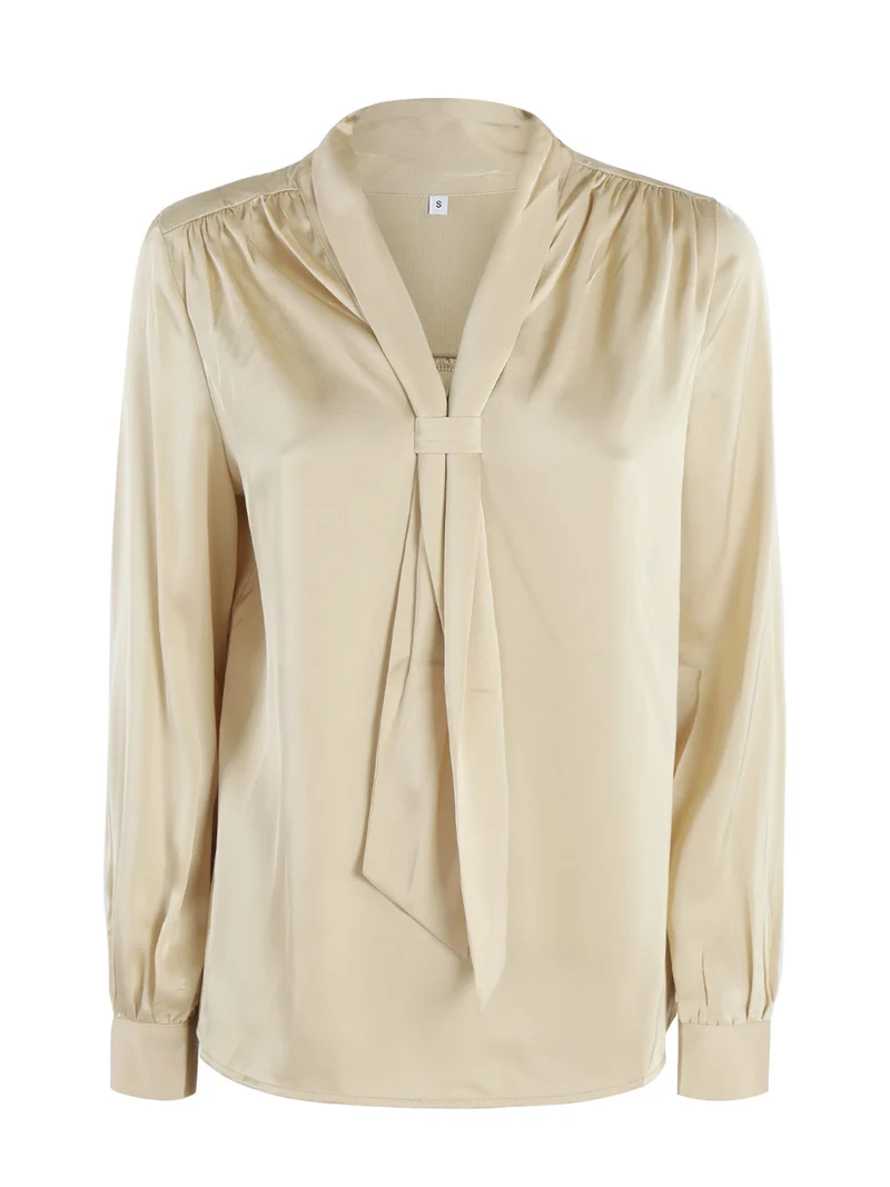 Camicetta donna effetto raso con cravattino - beige