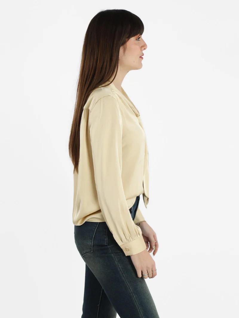 Camicetta donna effetto raso con cravattino - beige