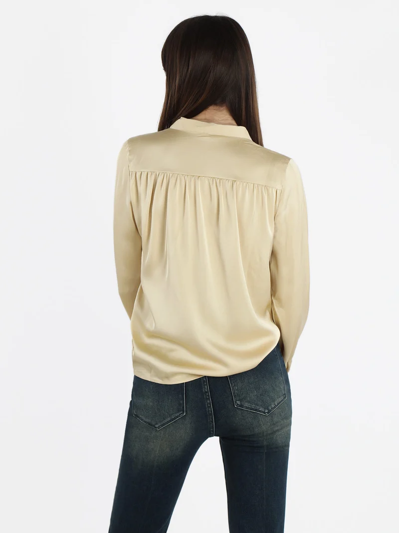 Camicetta donna effetto raso con cravattino - beige