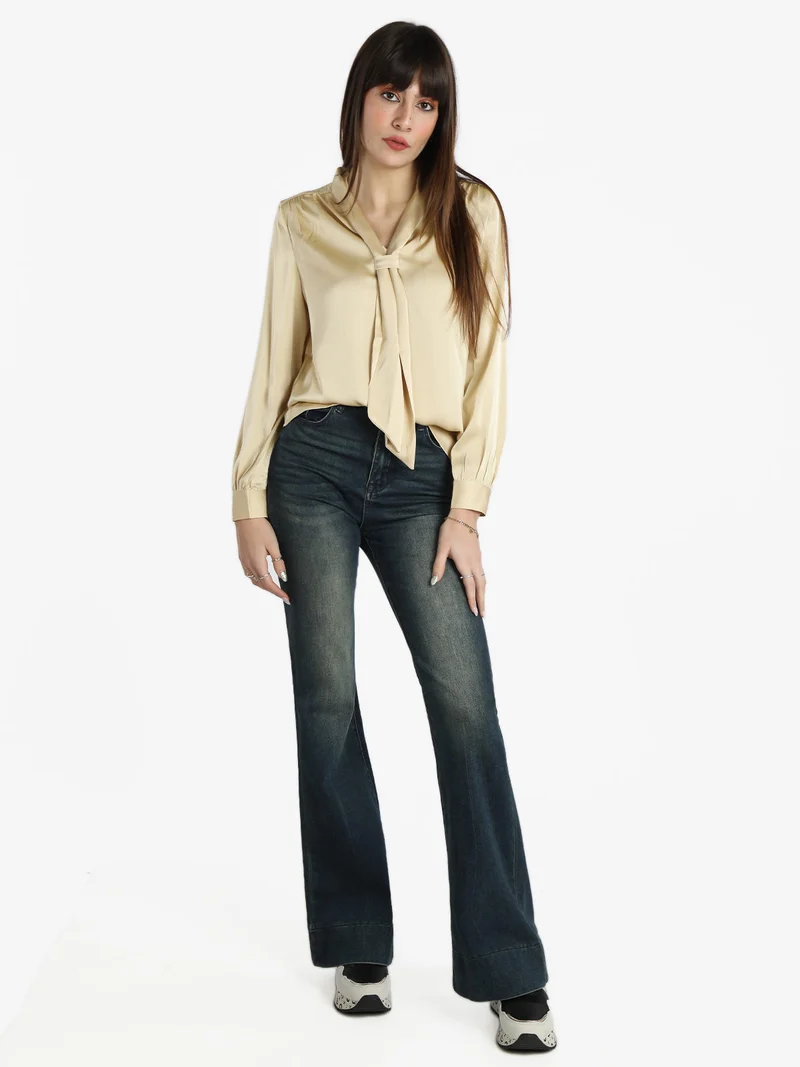 Camicetta donna effetto raso con cravattino - beige