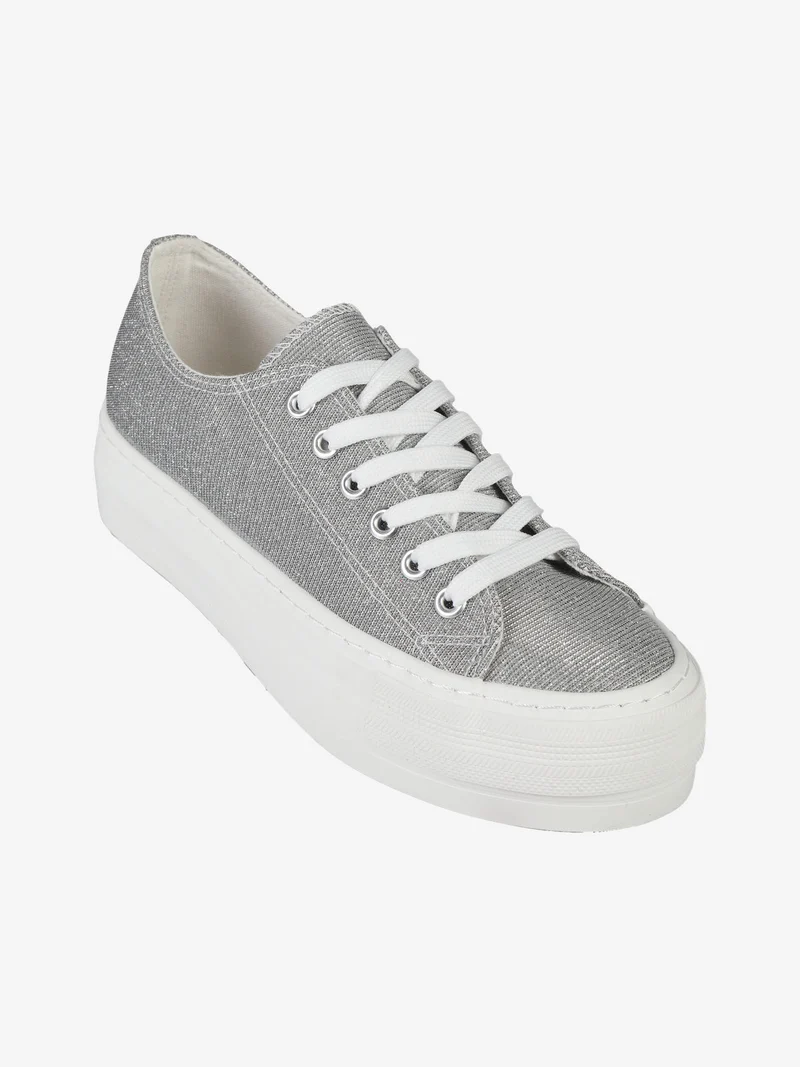 Sneakers donna in tela brillantinata con platform - argento