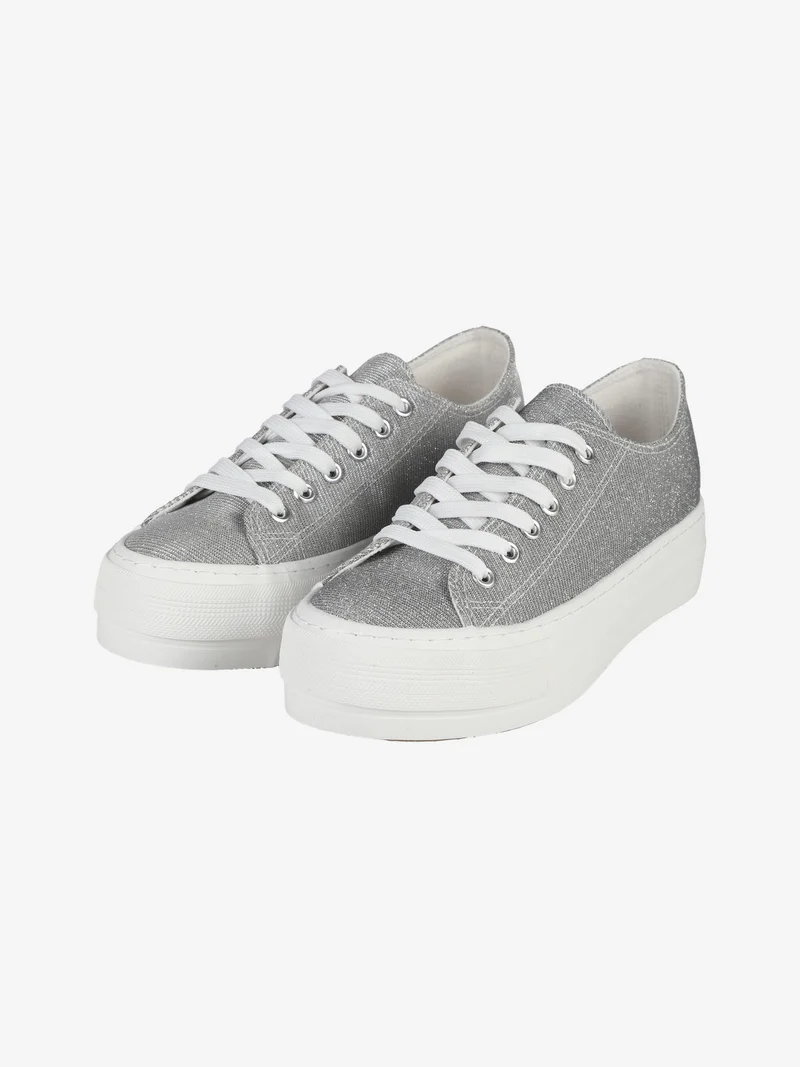Sneakers donna in tela brillantinata con platform - argento